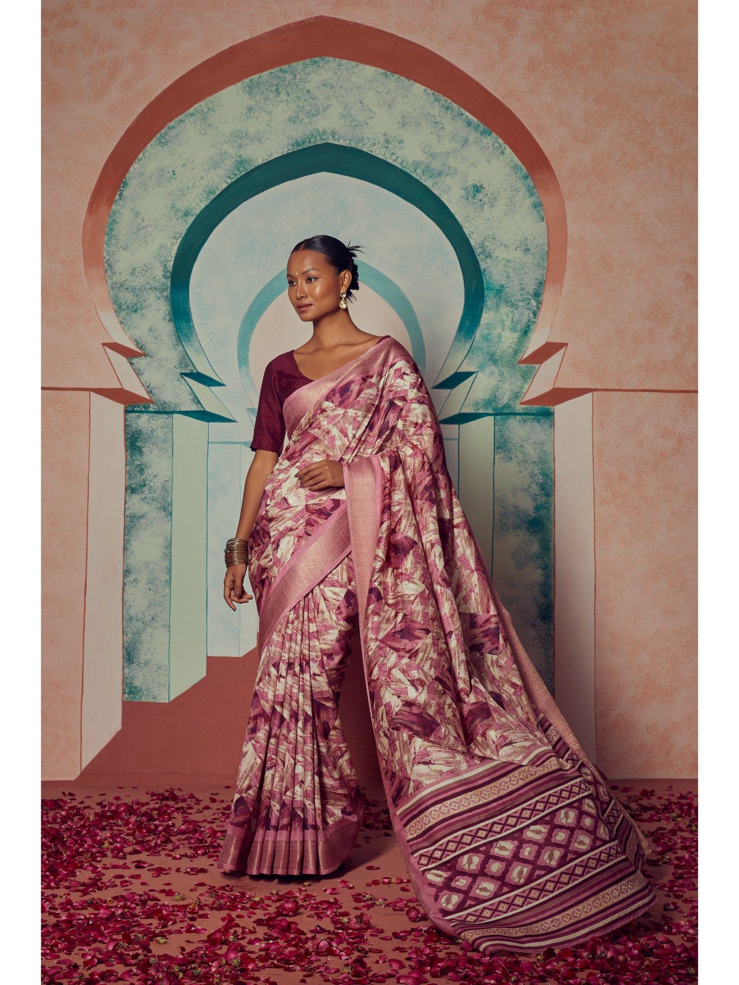 silk symphony pink printed silk and zari border saree with unstitched blouse