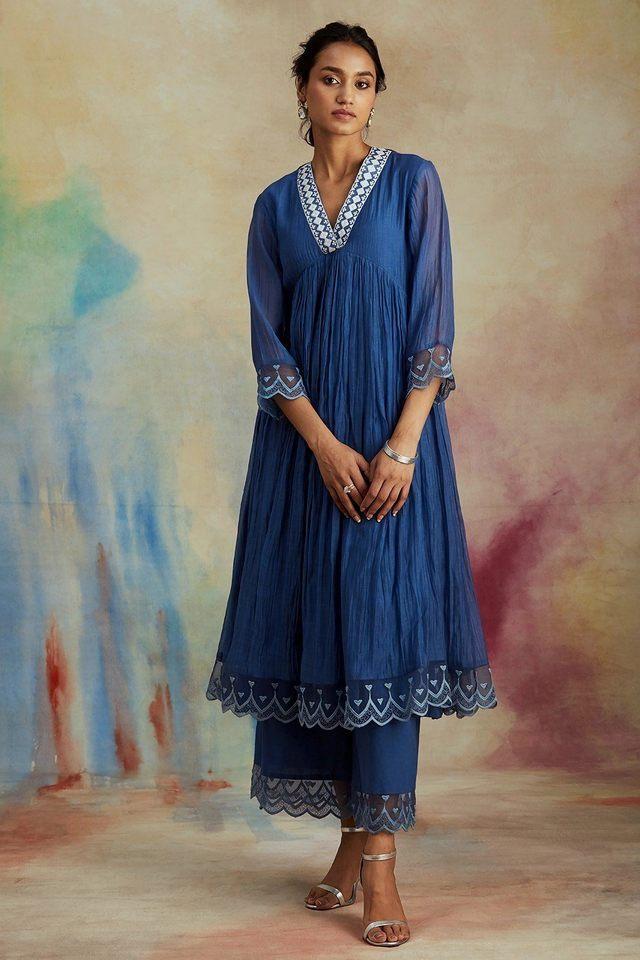 silk thread embroiderd womens kurta with palazzo _ dupatta