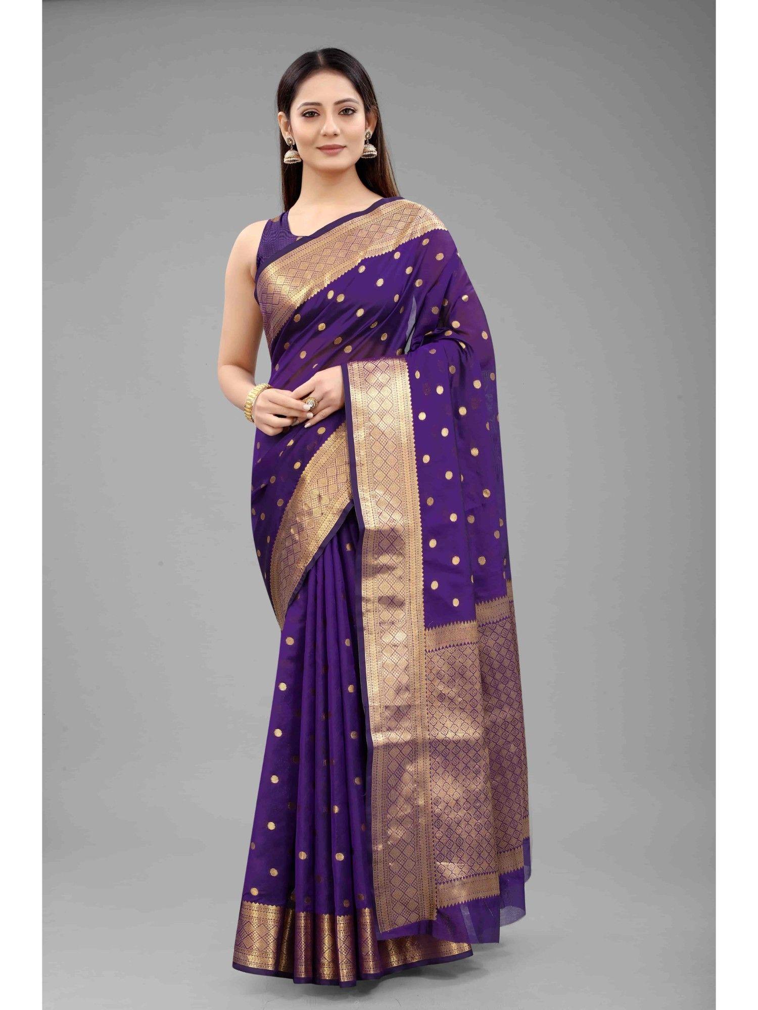 silk zone women banarasi silk polka dot saree -purple with unstitched blouse