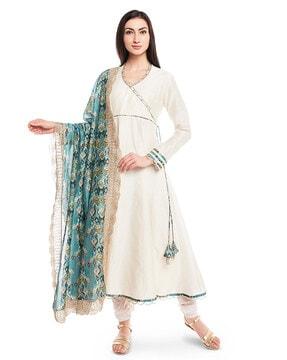 silkmul overlap anarkali with soft net churidar & printed silkmul dupatta