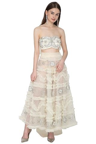 silver & white embroidered bustier blouse with skirt