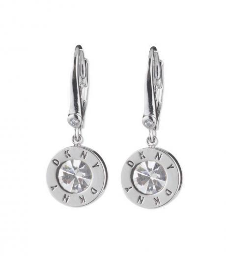 silver crystal logo drop earrings