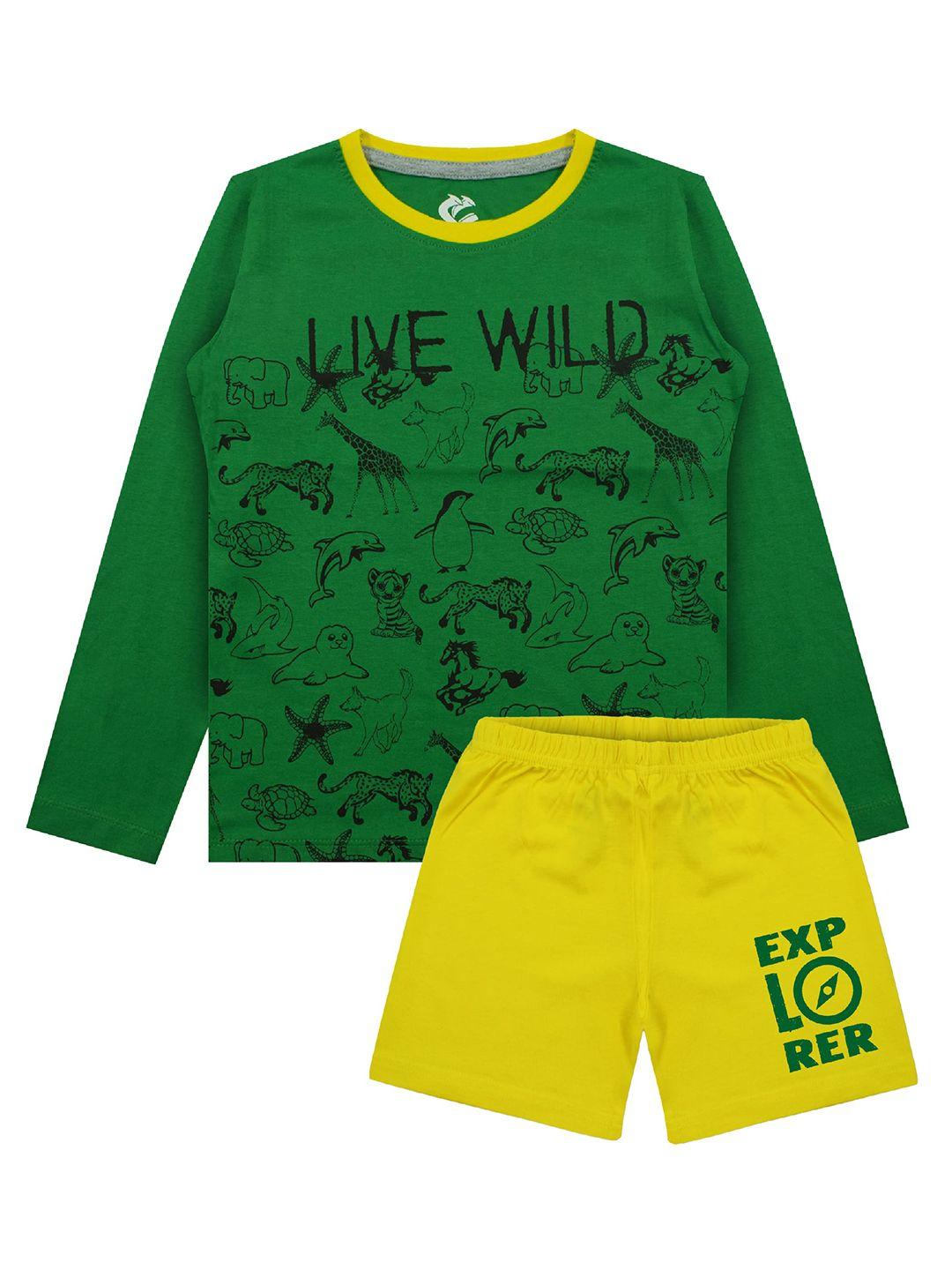 silver fang boys green & yellow cotton printed t-shirt with shorts set