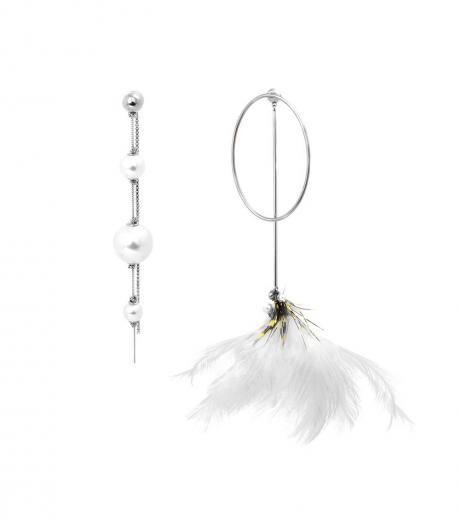 silver feather asymmetrical drop earrings