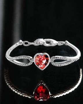 silver plated crystal-studded heart link bracelet