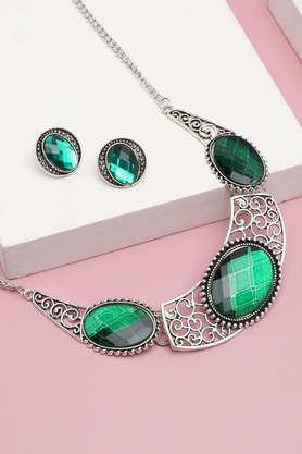 silver plated party designer stone necklace and earring set for women