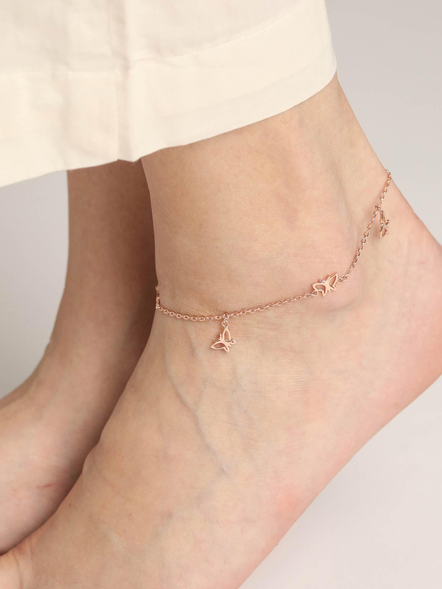 silver rose gold plated butterfly adjustable chain anklet payal single for women