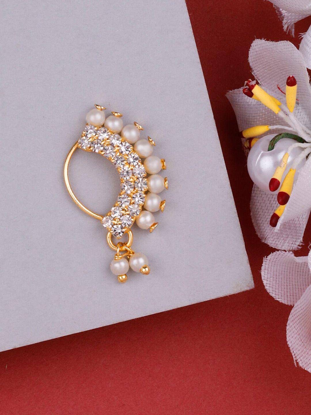 silver shine gold-plated stone-studded & pearl beaded clip-on nosepin