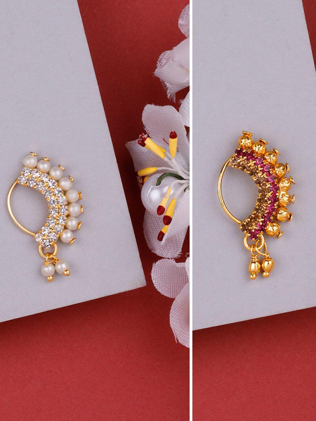 silver shine pack of 2 gold-plated stone-studded & pearl beaded clip-on nosepin