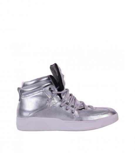 silver shiny high top sneakers