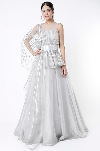 silver striped gown with belt