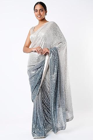 silver & dark blue embroidered saree set