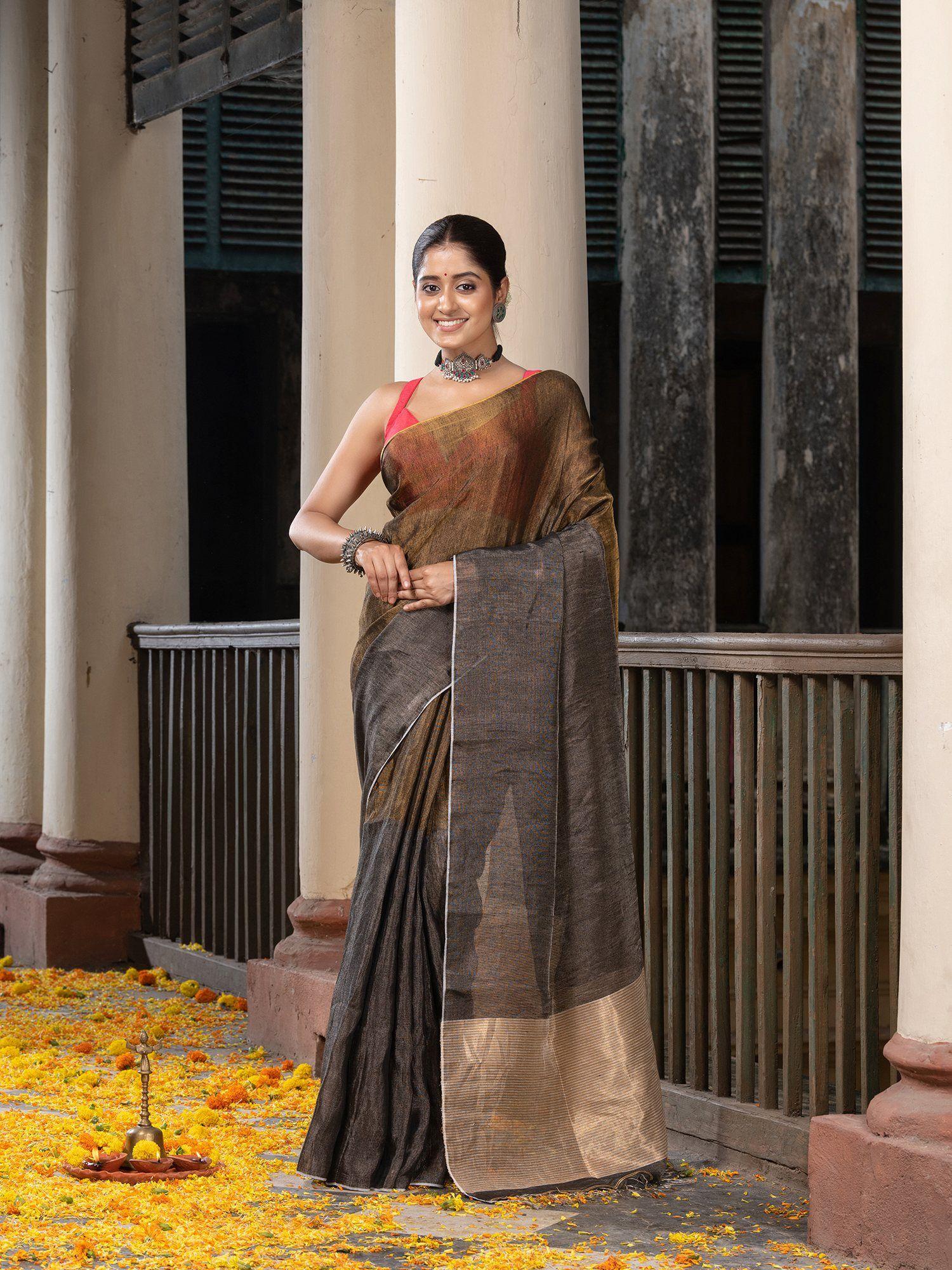 silver & gold tissue linen multi-color pallu handwoven saree with unstitched blouse