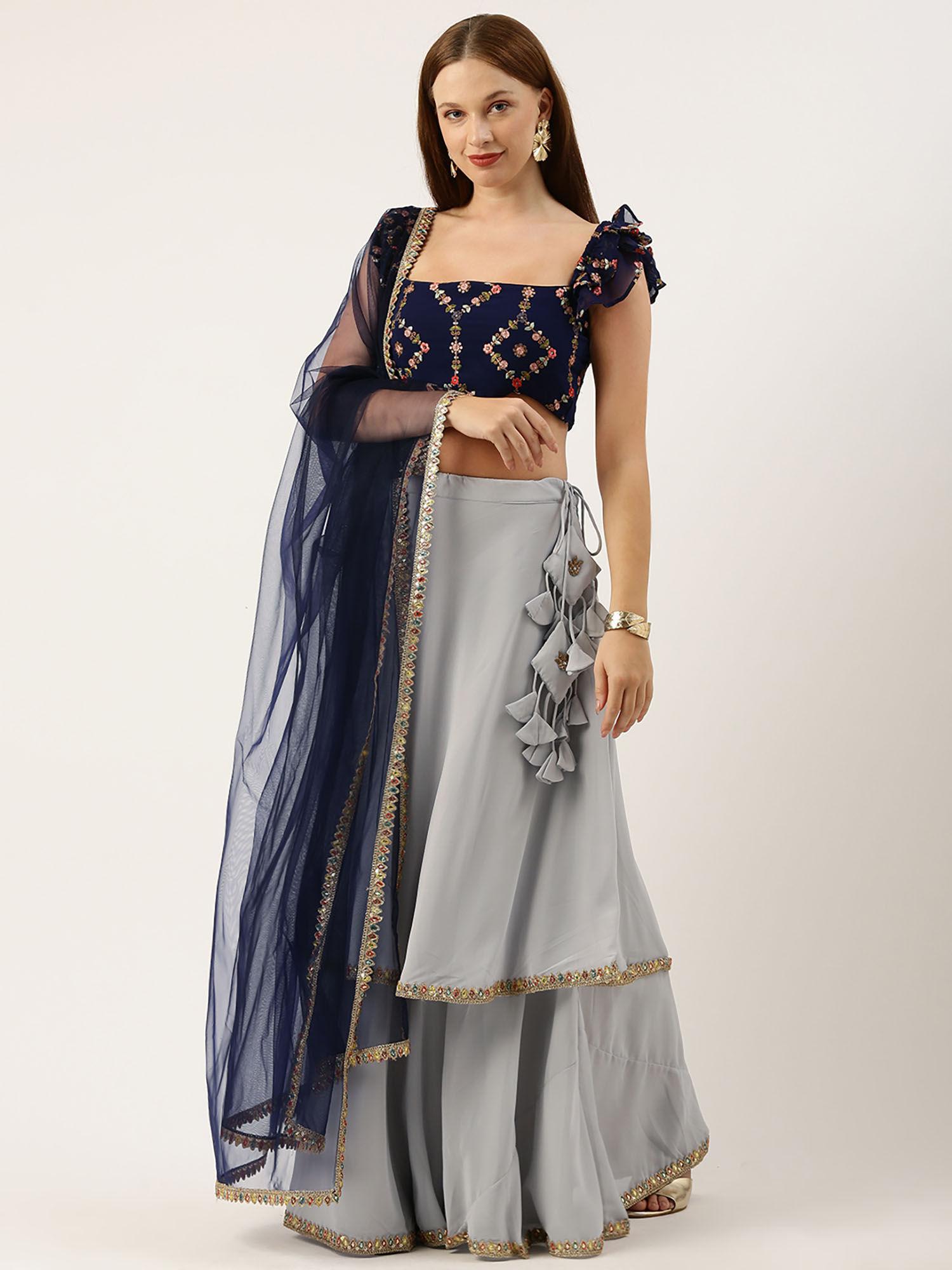 silver & navy blue georgette embroidered blouse lehenga with dupatta (set of 3)