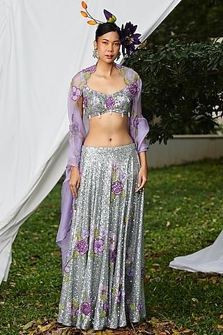 silver & purple sequins embellished lehenga set