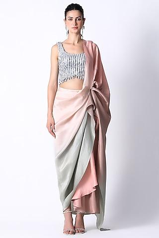 silver & salmon pink silk ombre pre-draped saree set
