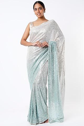 silver & turquoise embroidered saree set