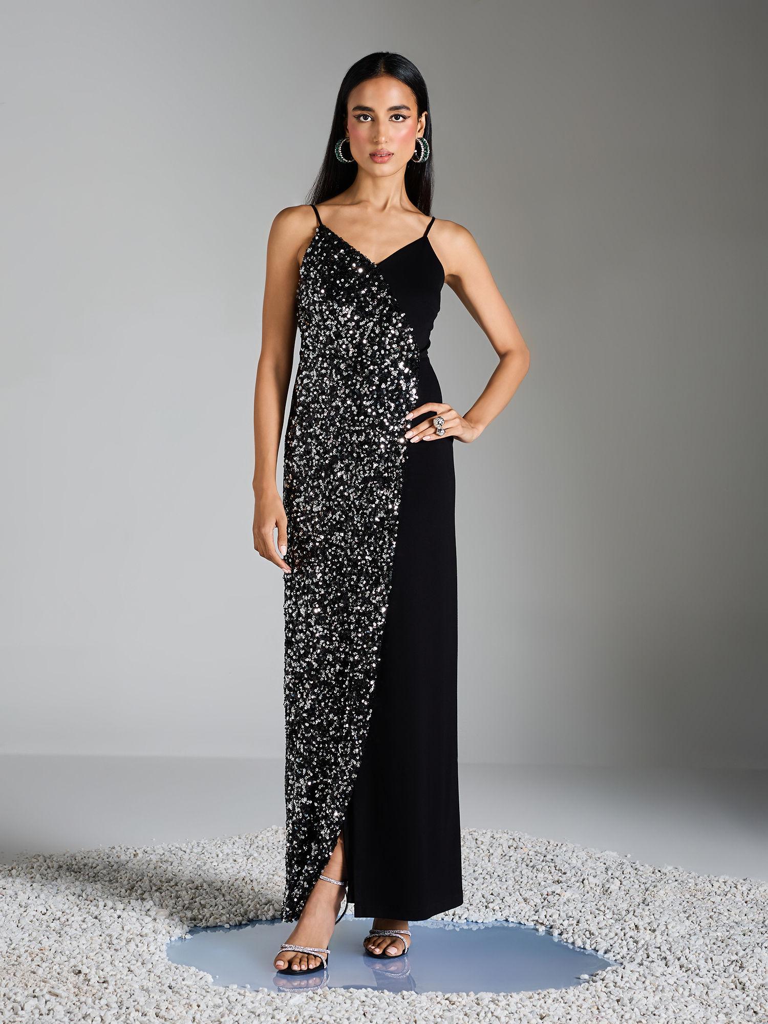 silver and black half sequin v neck strappy gown