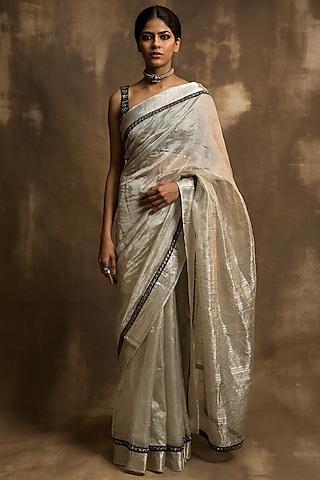 silver and black saree set