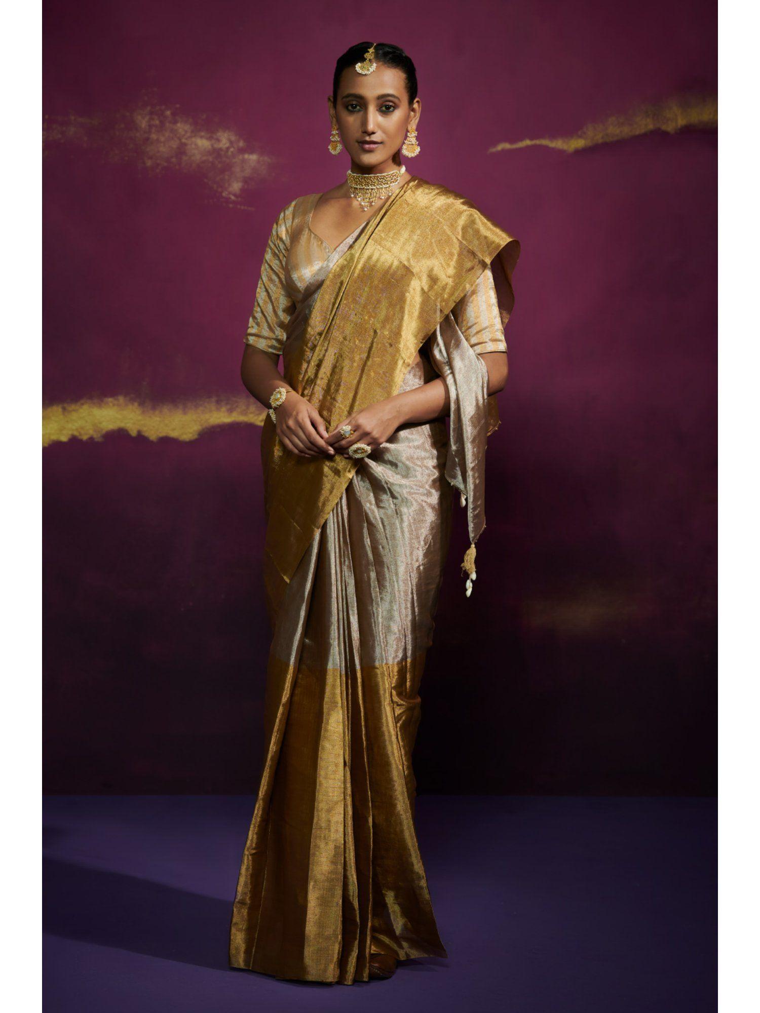 silver and gold blocked tissue saree without blouse