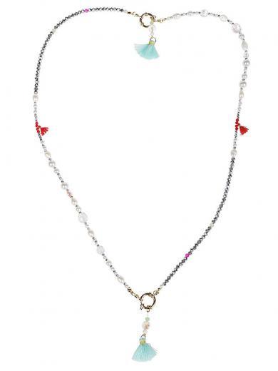 silver beaded tassel drop necklace