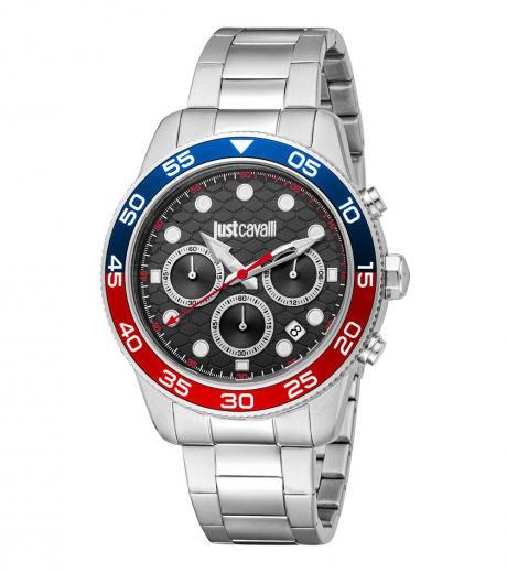 silver black dial watch