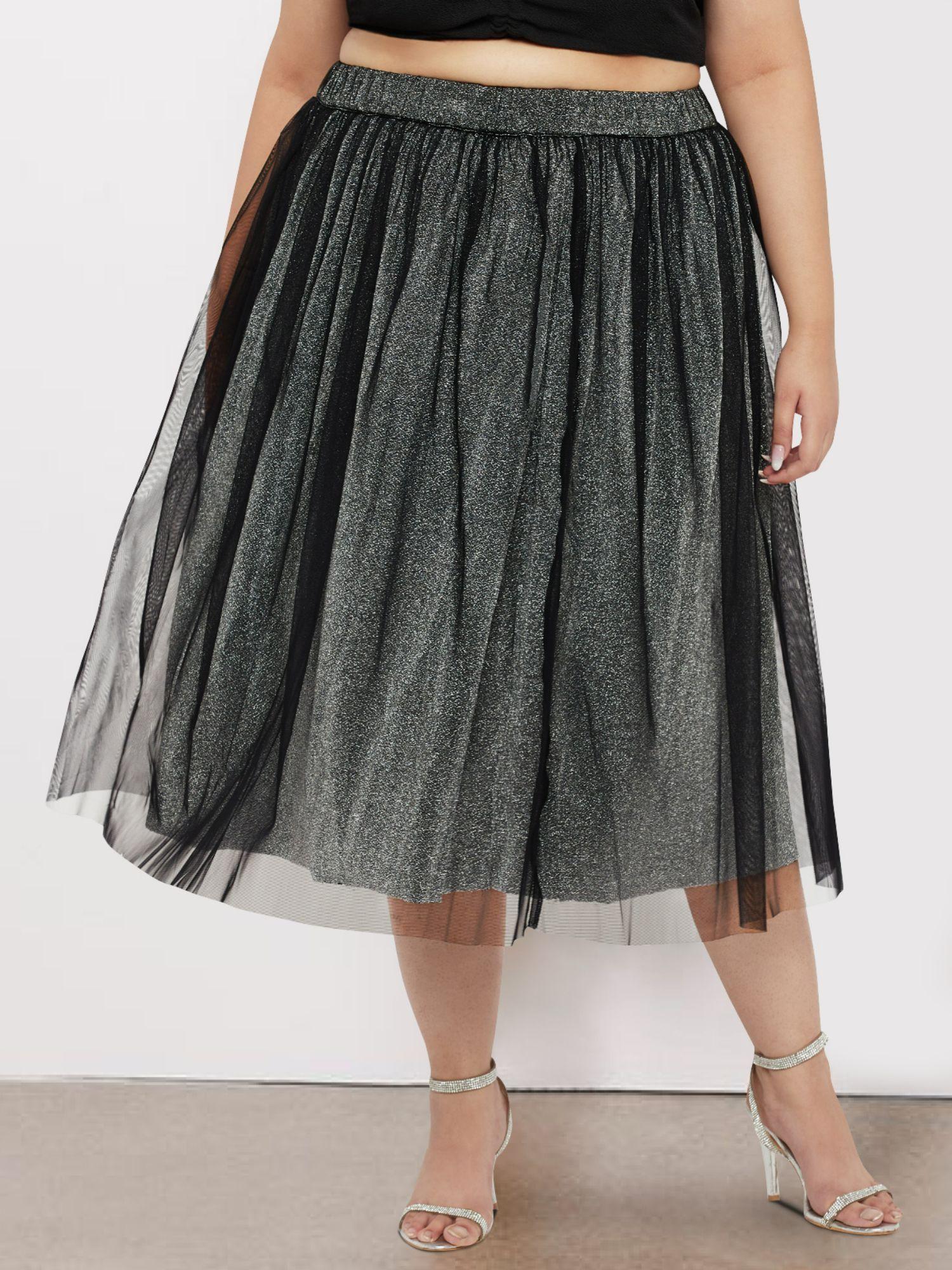 silver black plus size curve net long skirt