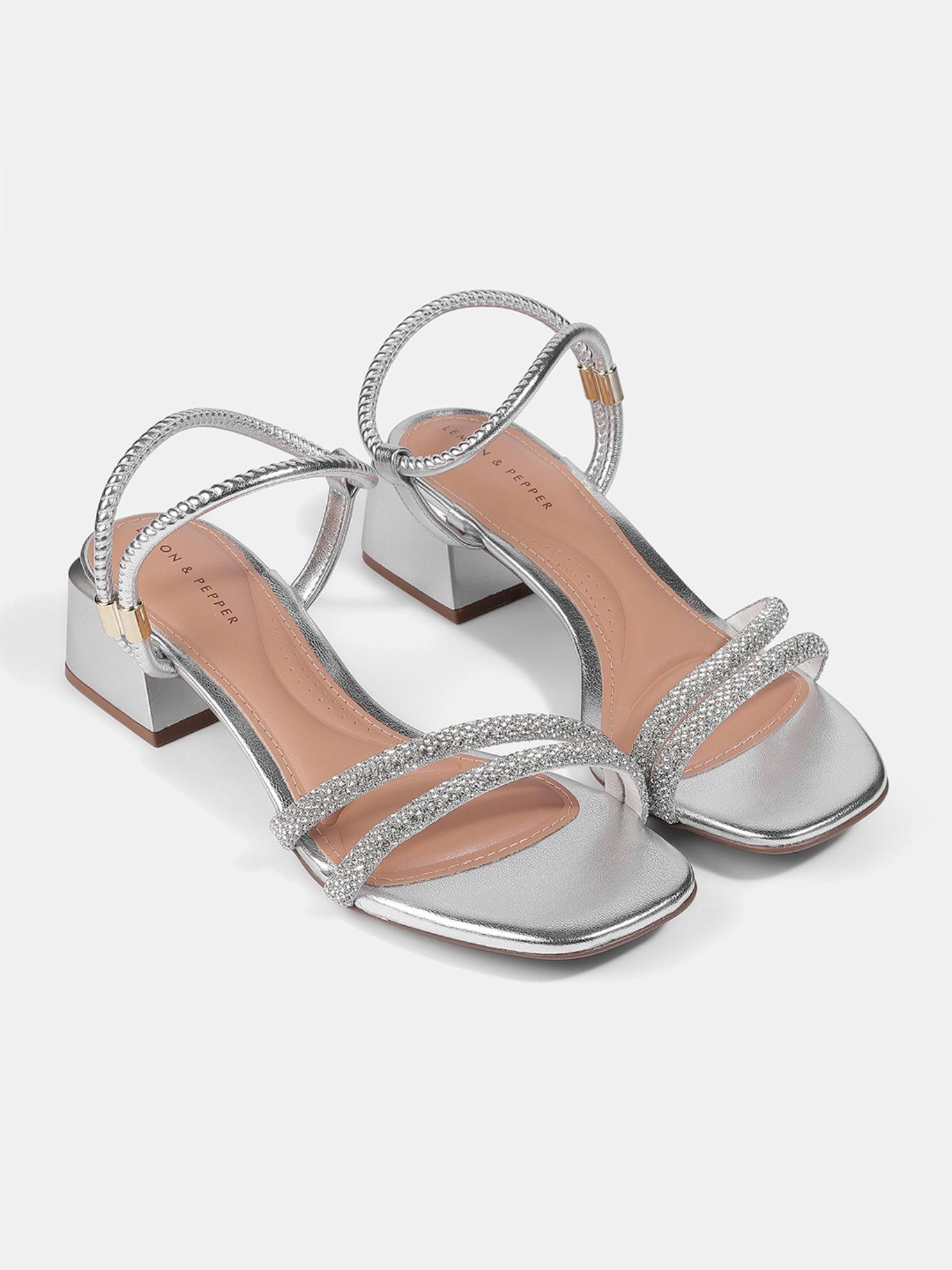 silver block sandal heels