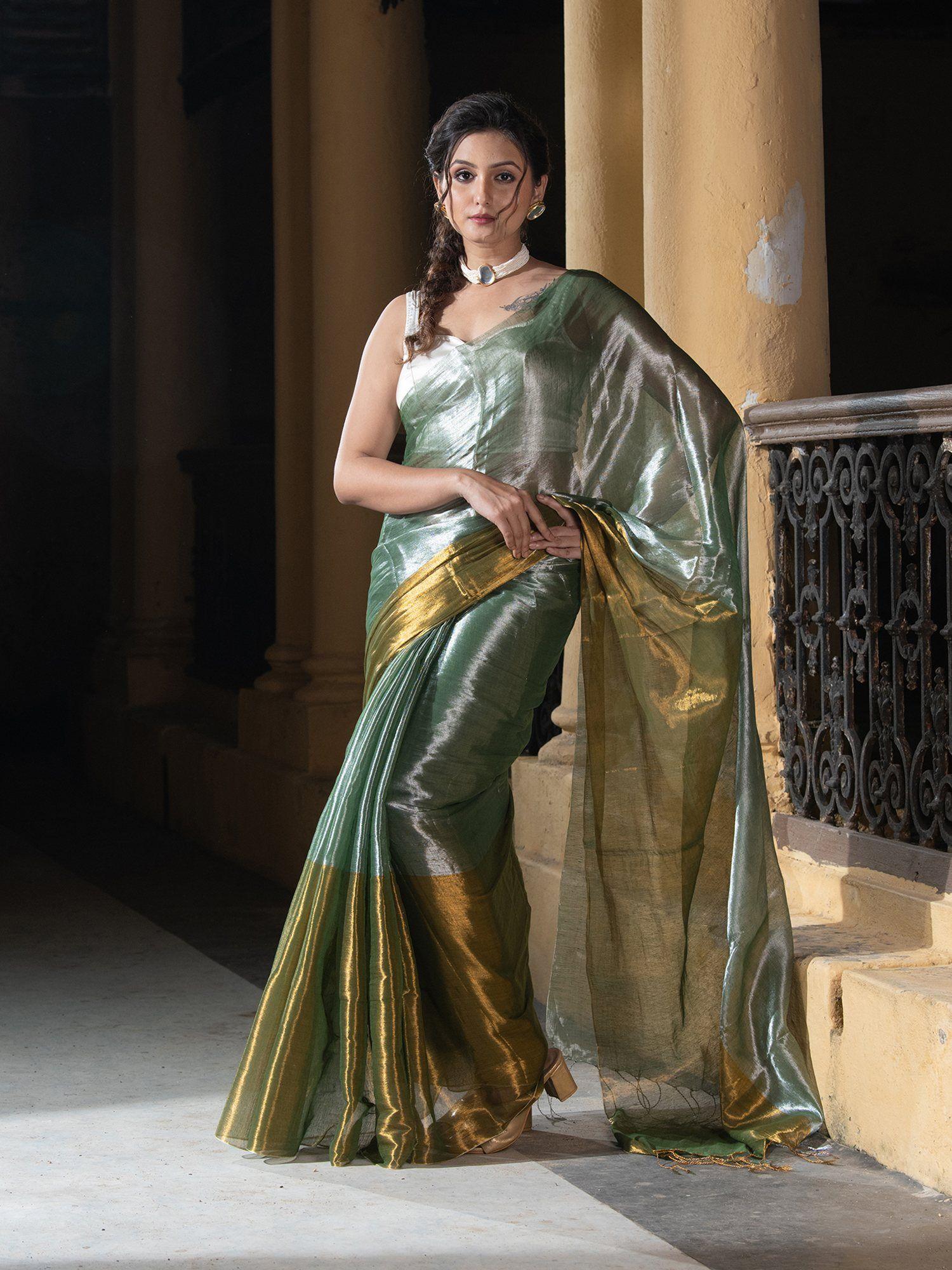 silver bottle green & gold handloom tissue saree with unstitched blouse