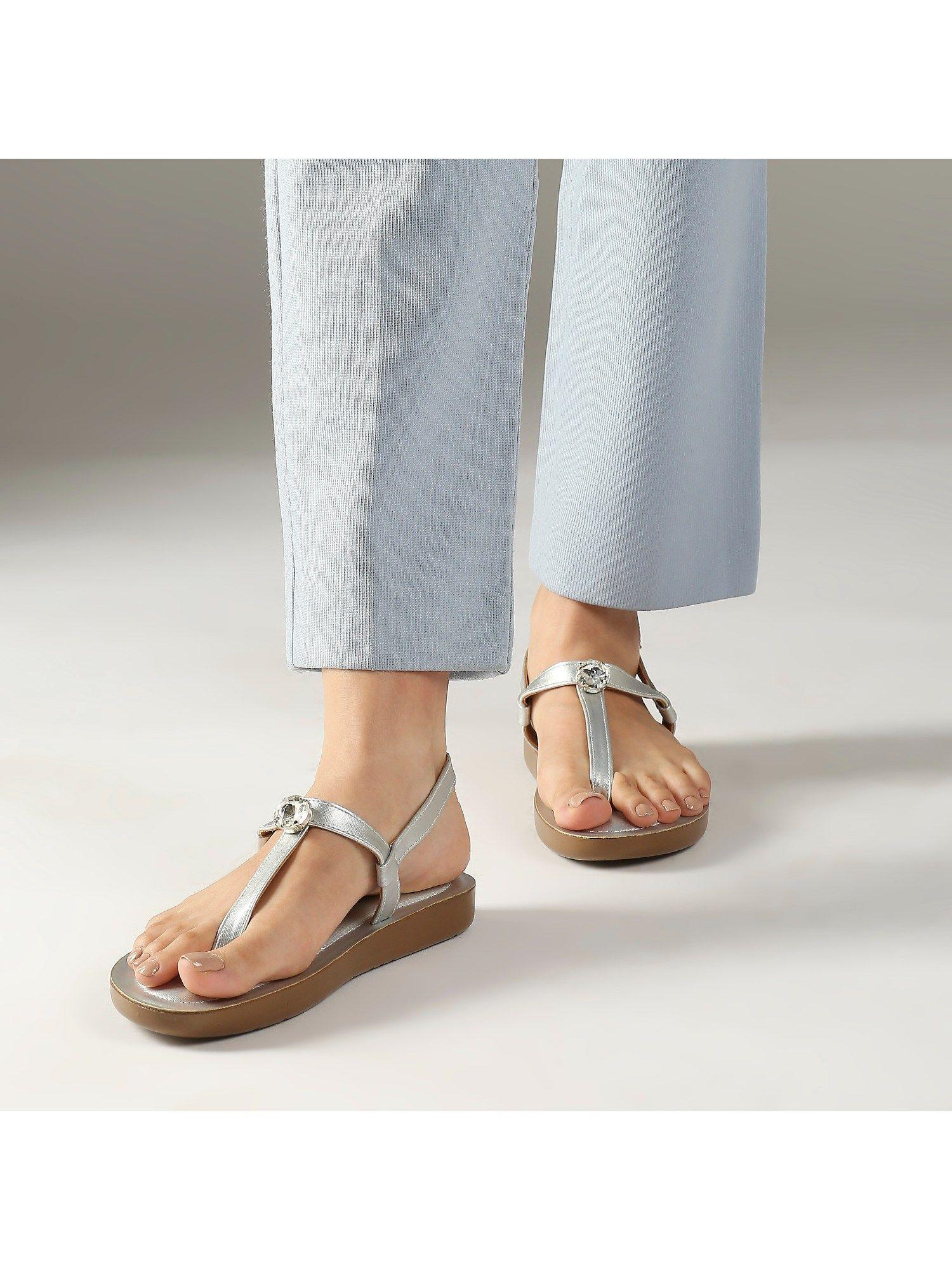 silver casual t-straps sandals