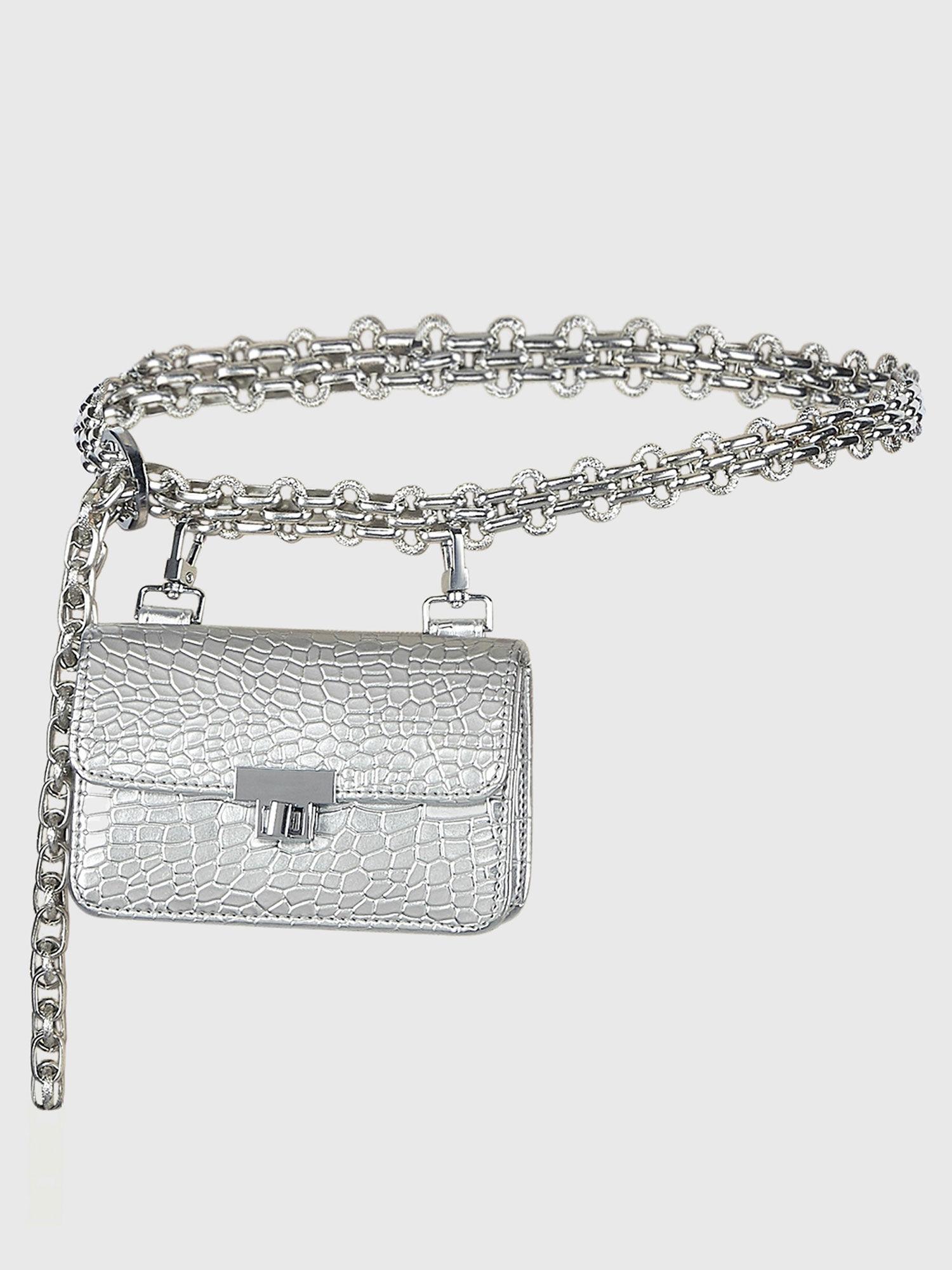 silver chain link belt bag