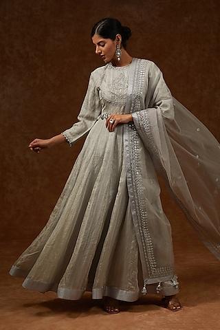 silver chanderi handloom & tissue hand embroidered anarkali set