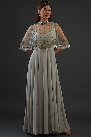 silver chiffon gown with cape