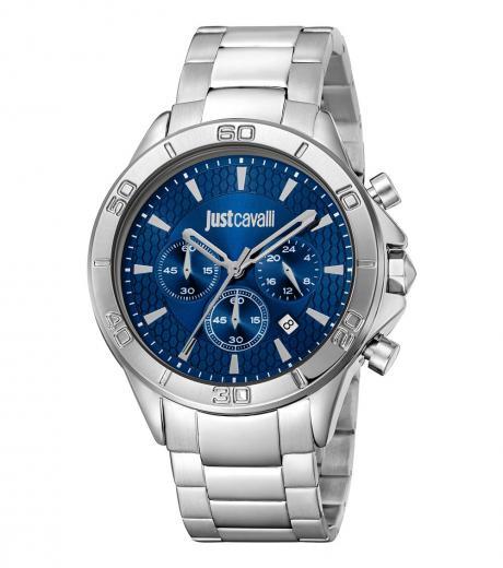 silver chrono blue dial watch