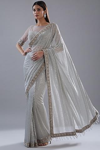 silver crinkle foil embellished saree set