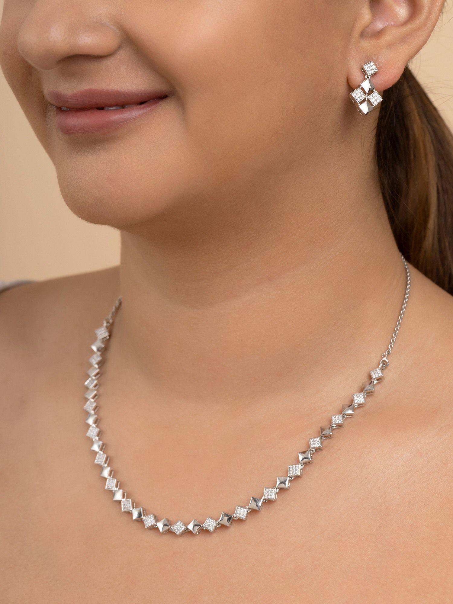 silver elegant studded square jewellery set
