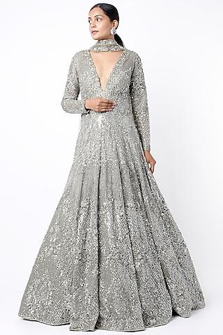 silver embroidered gown with dupatta