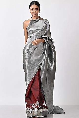 silver embroidered pleated saree set