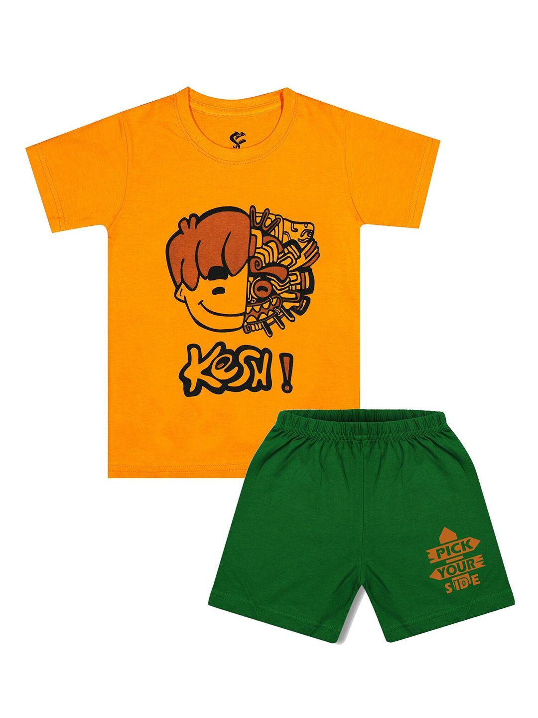 silver fang boys yellow & green pure cotton printed t-shirt with shorts