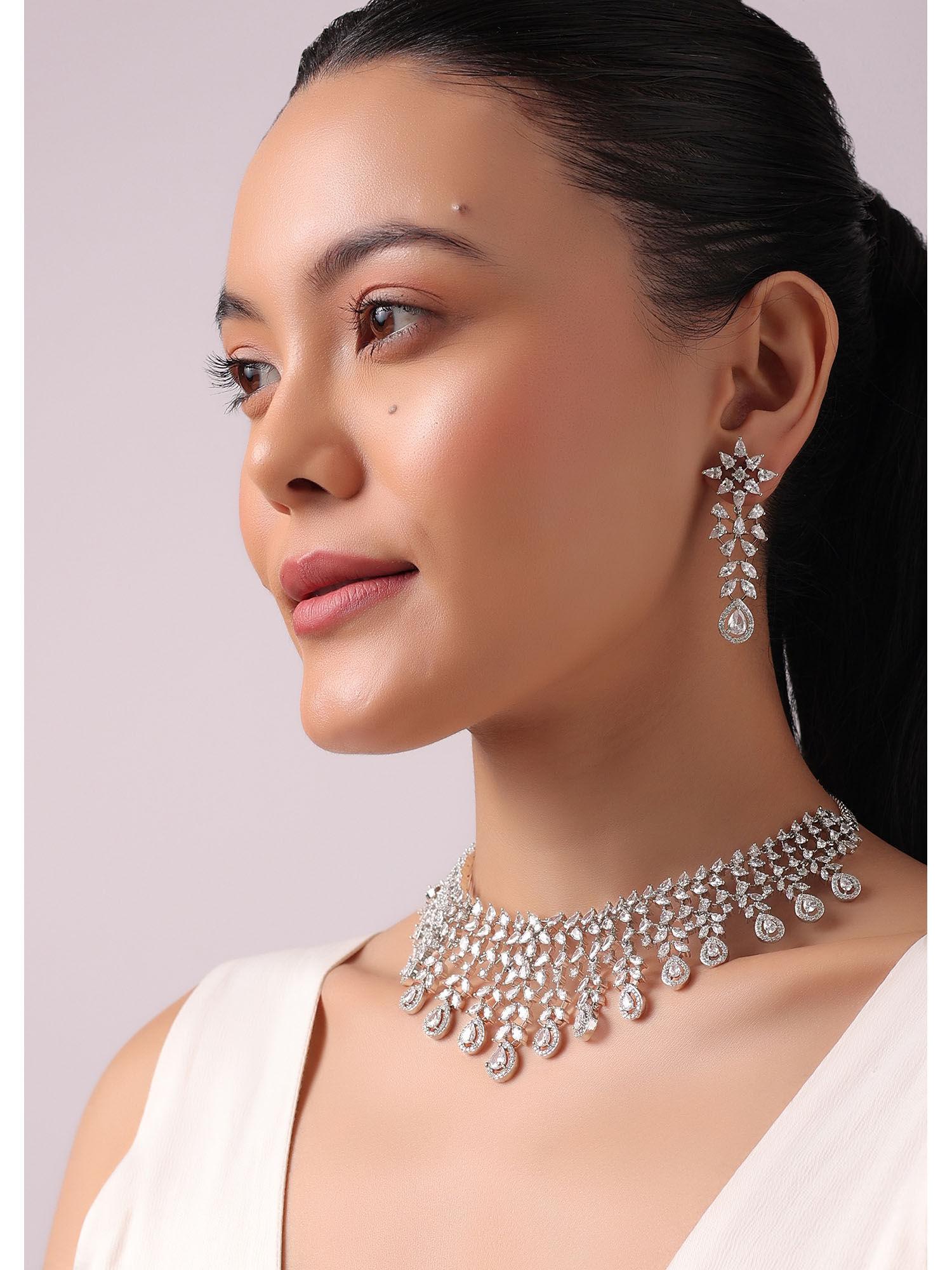 silver finish choker with earrings diamonds and leaf drops