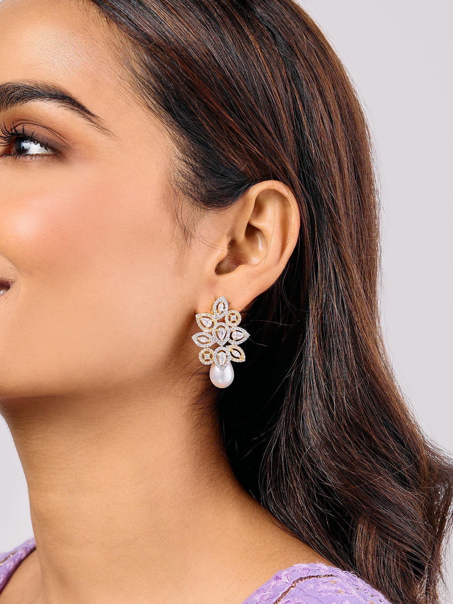 silver floral cluster american diamond pearl drop earrings