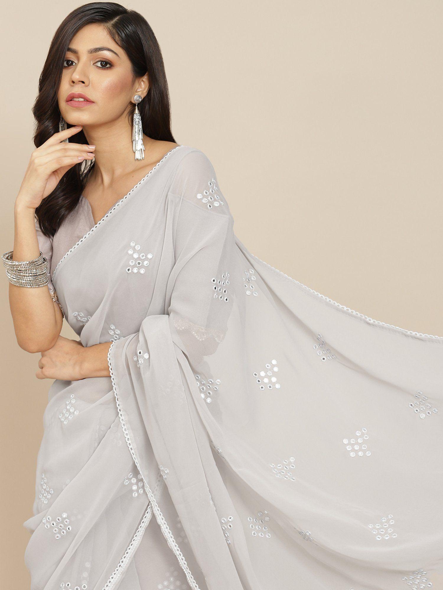 silver georgette embroidered mirror-work saree with unstitched blouse