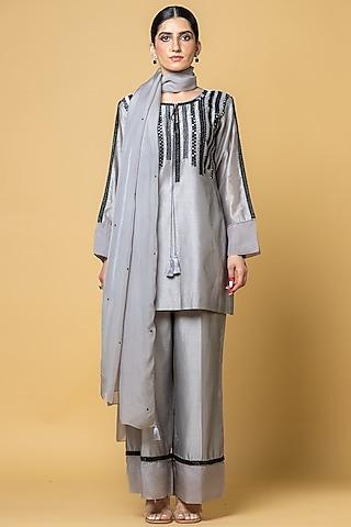 silver grey chanderi silk zardosi embroidered stripe short kurta set