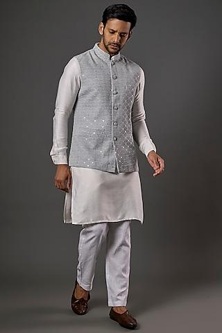 silver grey chikankari embroidered nehru jacket