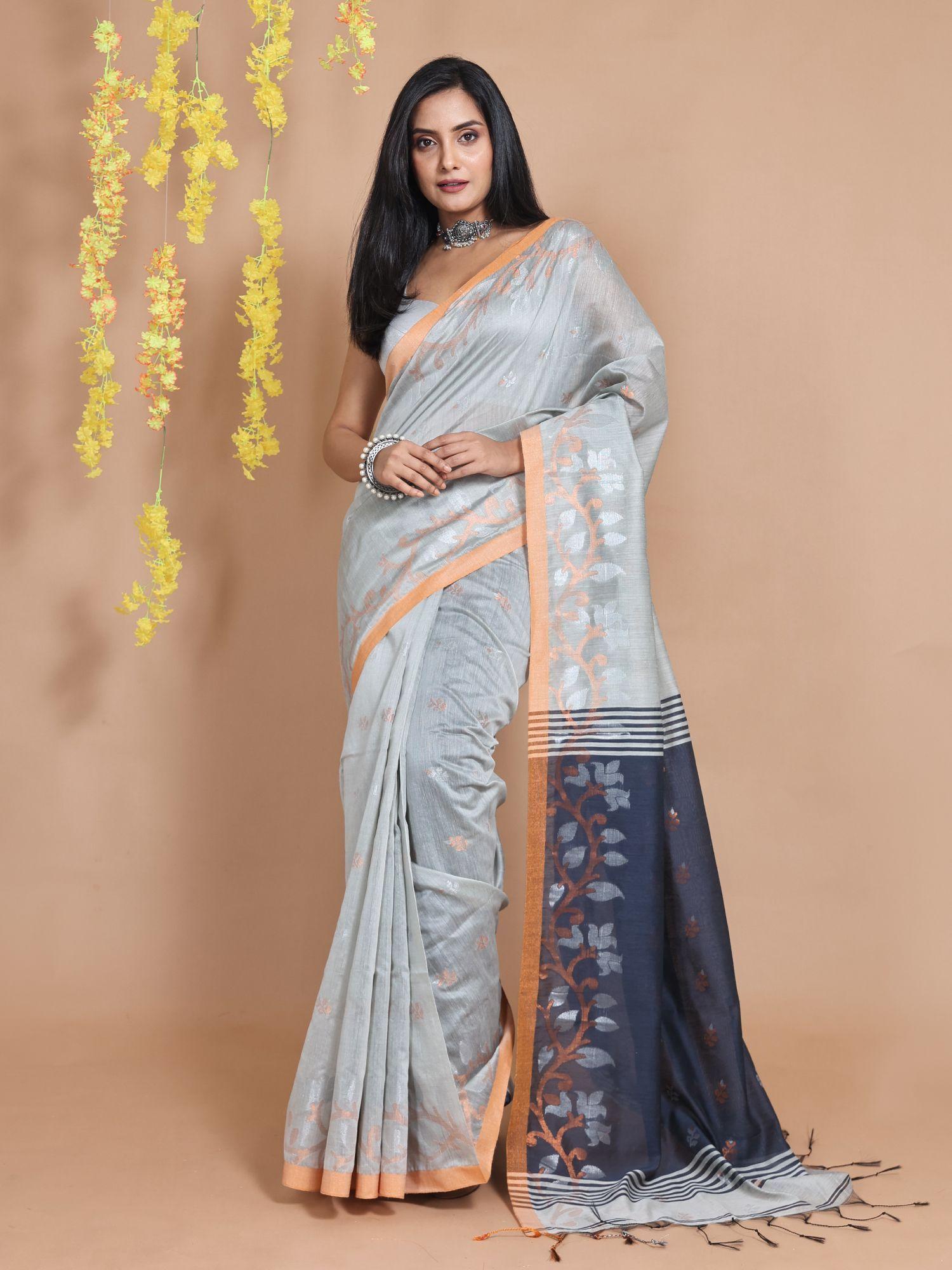 silver grey cotton zari motifs & floral borders handwoven saree with unstitched blouse