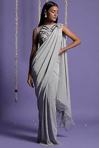 silver grey lycra draped saree set