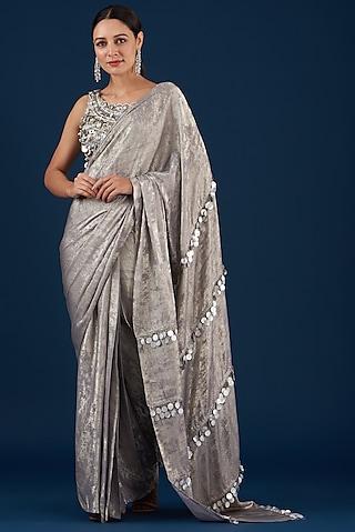silver grey lycra shimmer pre-stitched saree set