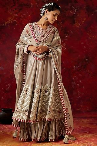 silver-grey printed anarkali set