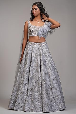 silver grey silk embroidered lehenga set