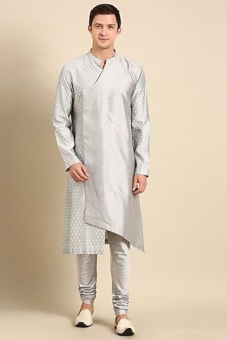 silver grey silk jacquard kurta set